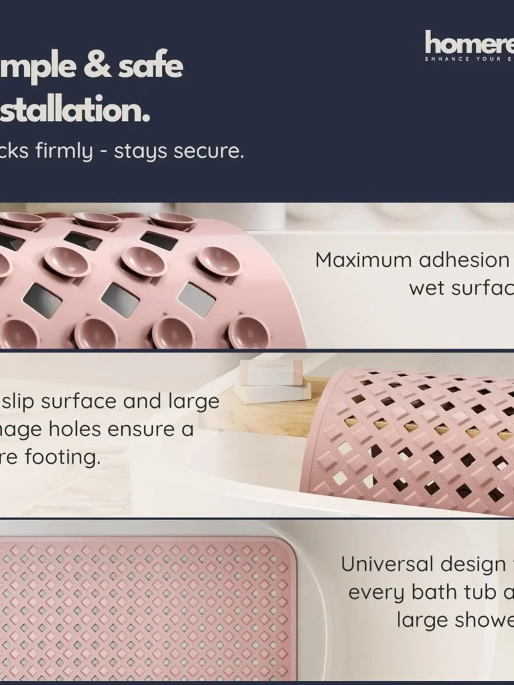 Non-Slip Bathtub Mat 35x16 - Eco-Friendly, Machine Washable, Includes Hooks